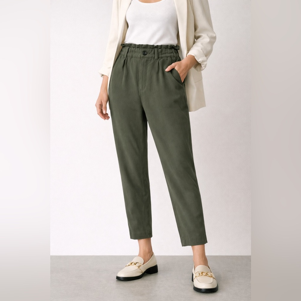 Zara Olive Green Cropped Ankle Pants – Paperbag Elastic Waist – Size M